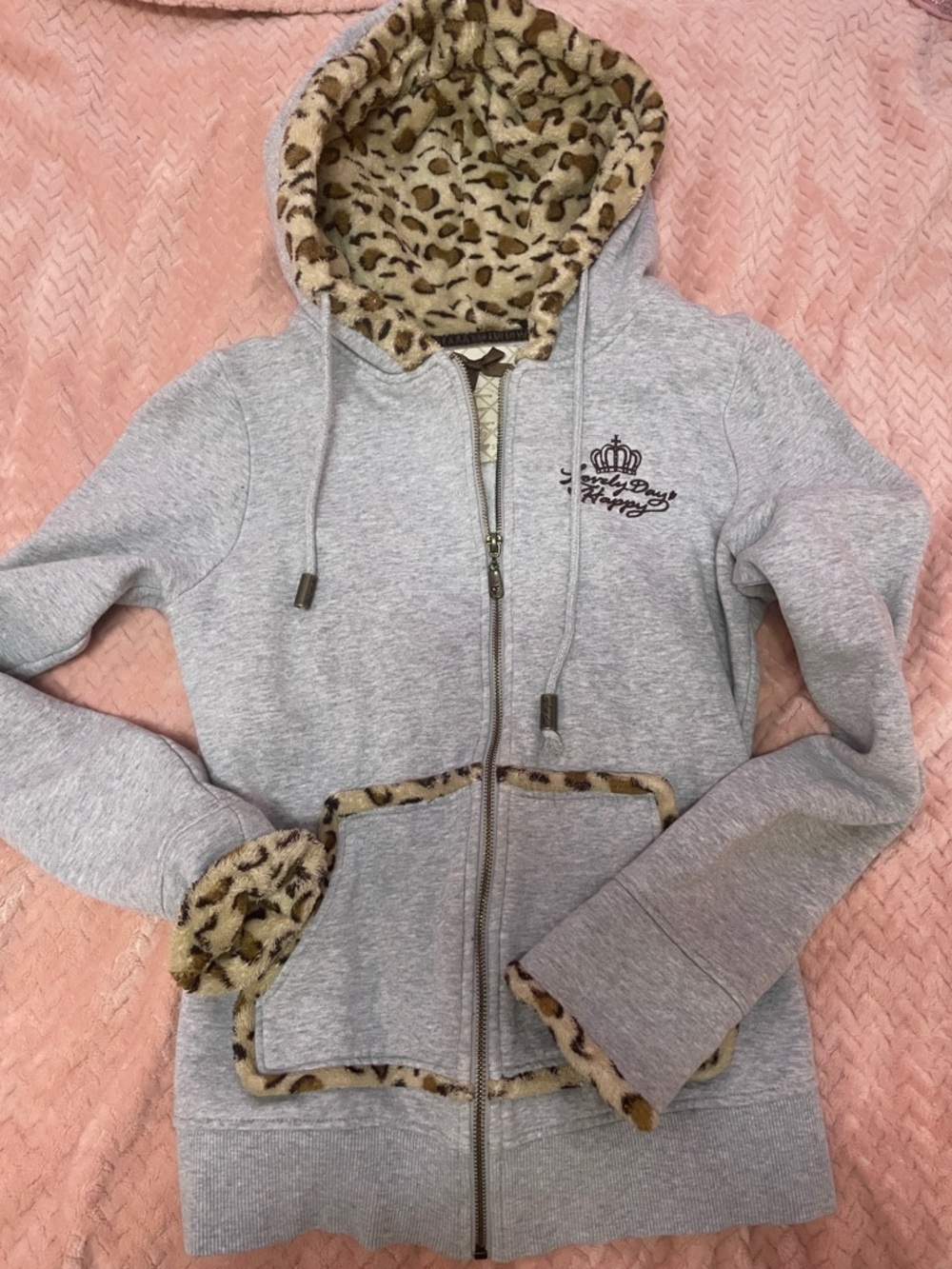 Gray Zip-Up Hooded Sweater with Leopard Trim